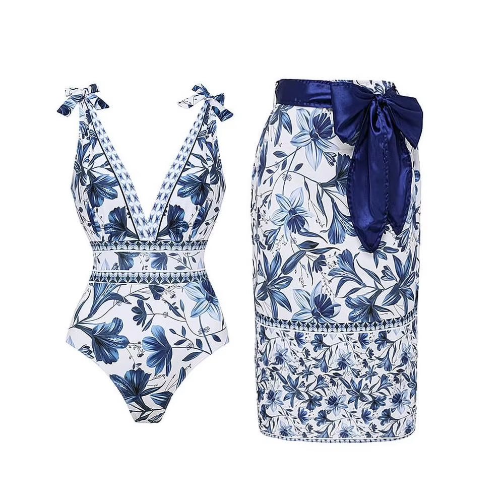 Bikinis De Mujer 2025 V Neck Lace up Printed One Piece Swimsuit and Skirt Sexy Beach Outfits Women Es De Baño 2024 Mujer