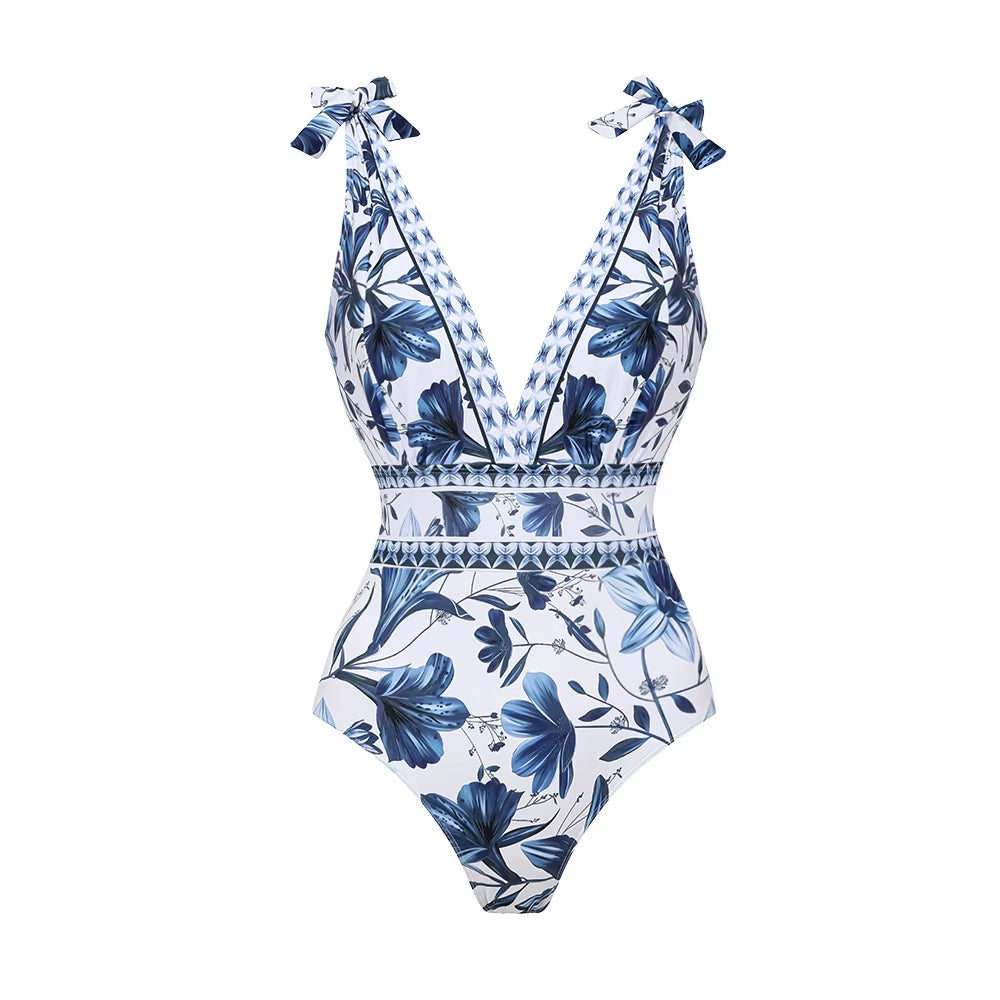 Bikinis De Mujer 2025 V Neck Lace up Printed One Piece Swimsuit and Skirt Sexy Beach Outfits Women Es De Baño 2024 Mujer